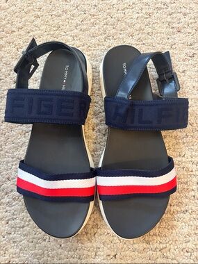Tommy Hilfiger Navy Sandals with Red & White Stripes, NWT, Size 8
